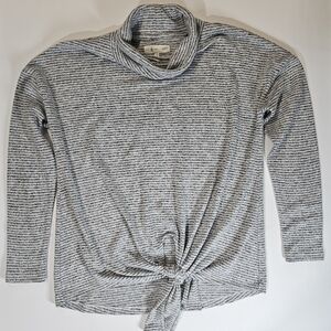 Lou & Grey Loft Turtleneck Sweater Womens‎ Size XS Grey White Stripe Front Tie